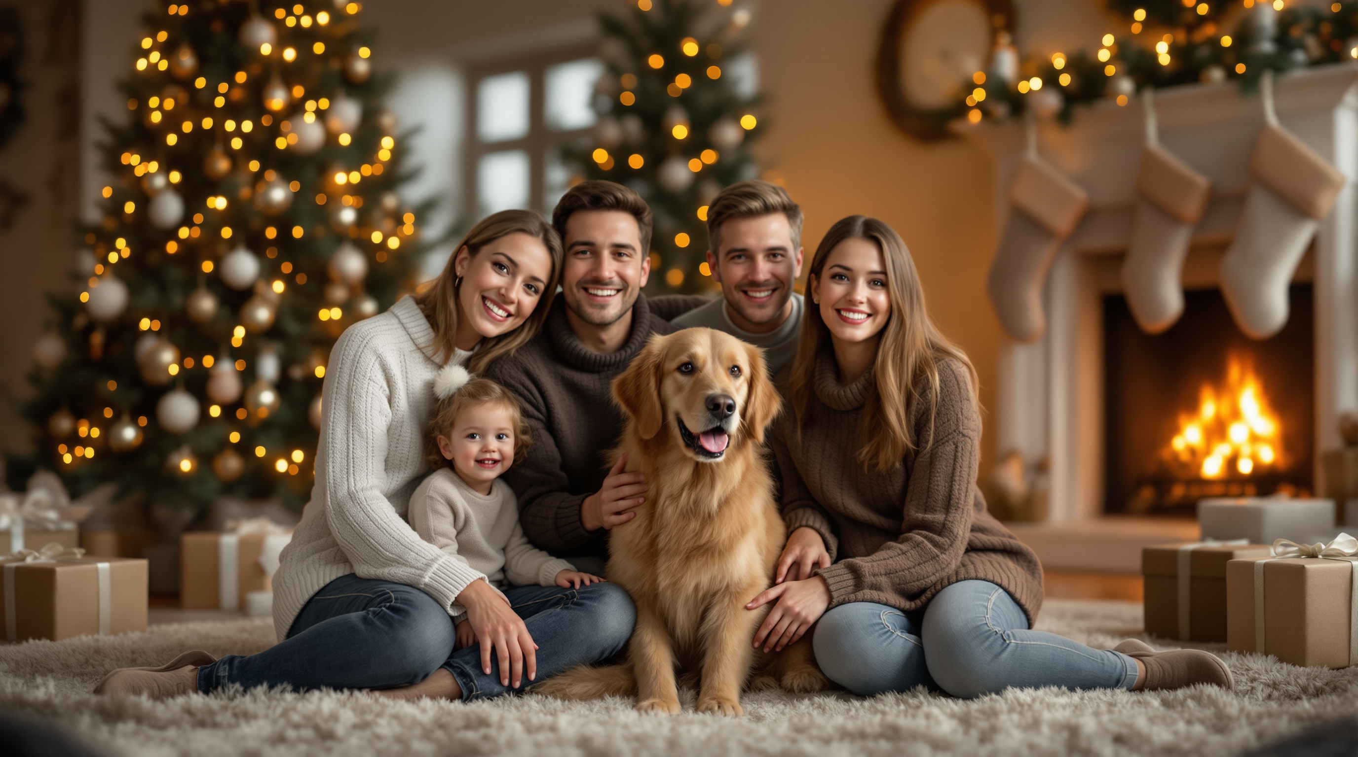 Familia celebrando Navidad con su perro